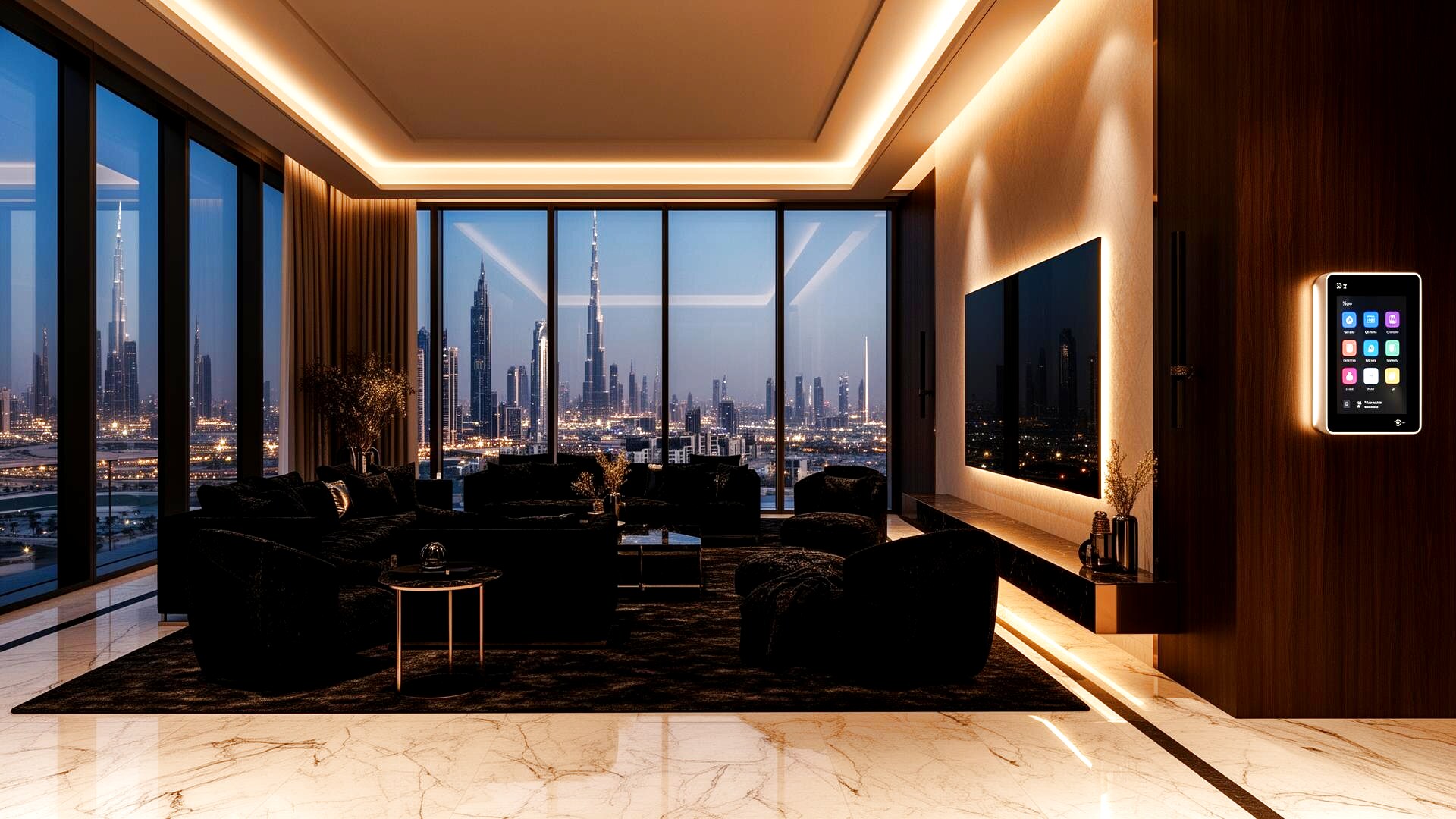 Luxury smart living room with ambient lighting and smart controls